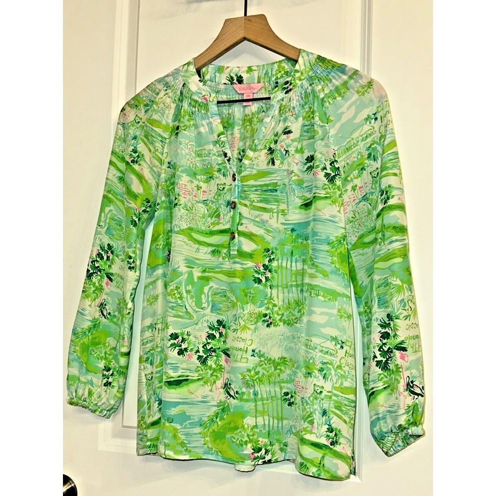 Lilly Pulitzer Women Size XXS Elsa Blouse‎ Sea Salt Green Honda Classic Silk